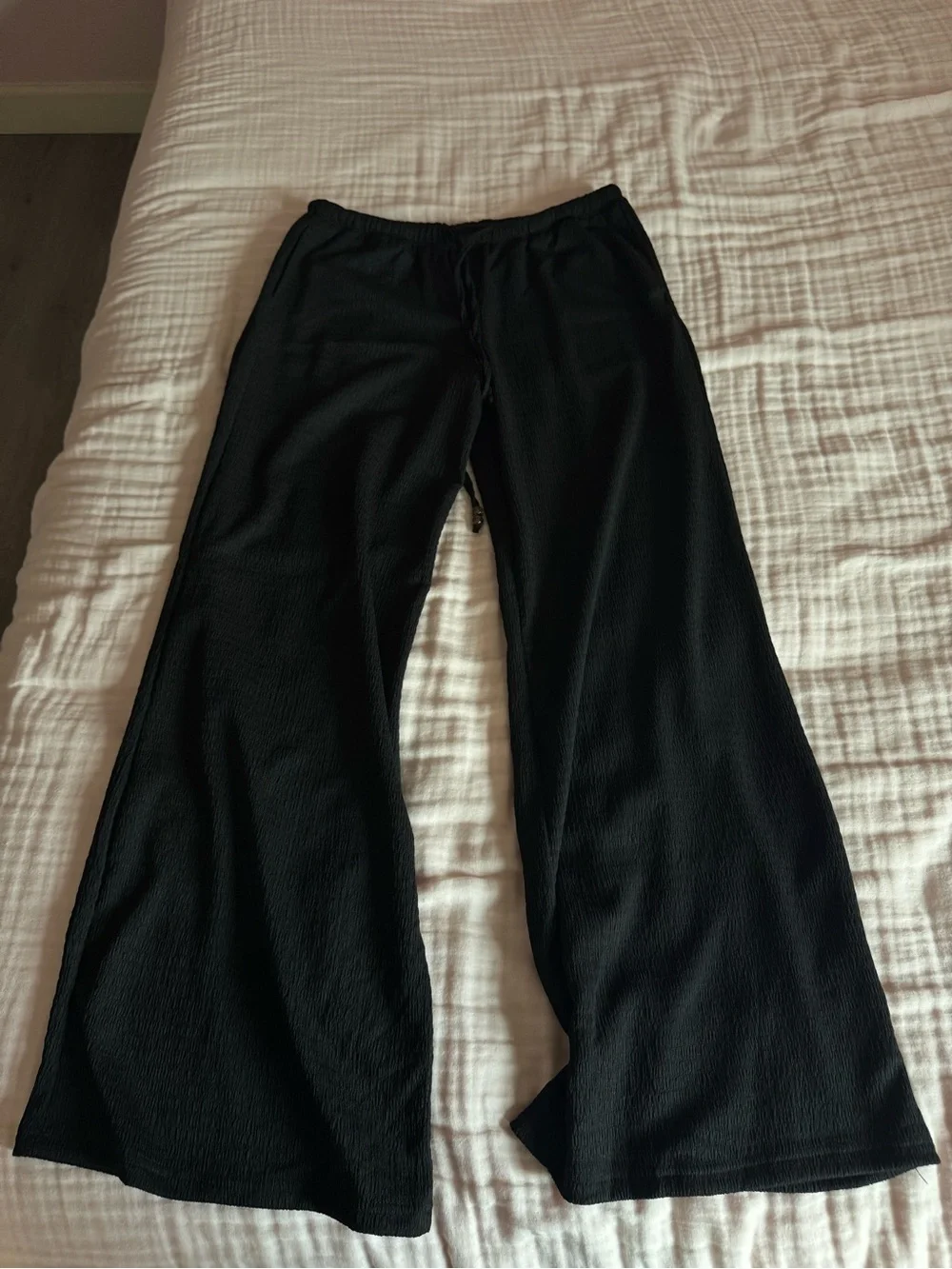 Textured Low Rise Drawstring Flare Leg Pants